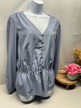 Nine West Light blue V-Neck Button Front Peplum Blouse